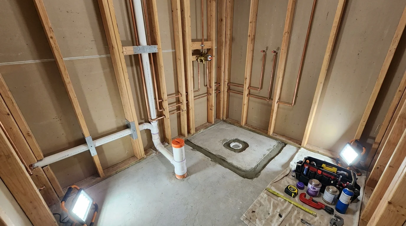 Bathroom rough-in plumbing during remodel by Johns Plumbing LLC in Ames