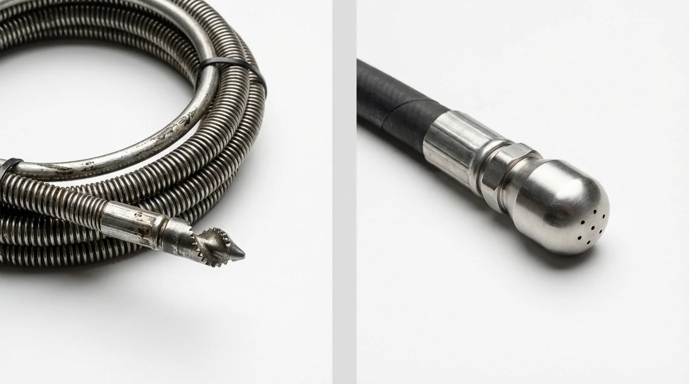 Drain snake cable and hydro jetting nozzle used for drain cleaning in Ames, IA