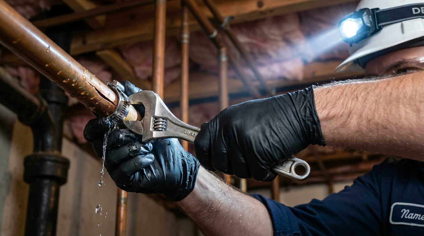 Emergency pipe clamp repair being performed by a Johns Plumbing LLC plumber in Ames