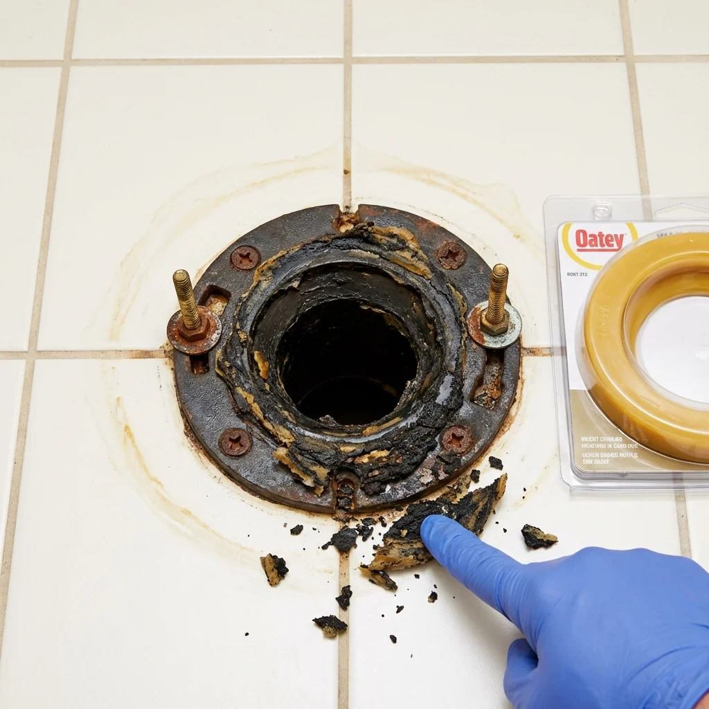 Failed wax ring showing water seepage at the base of a toilet in a Ames, IA home