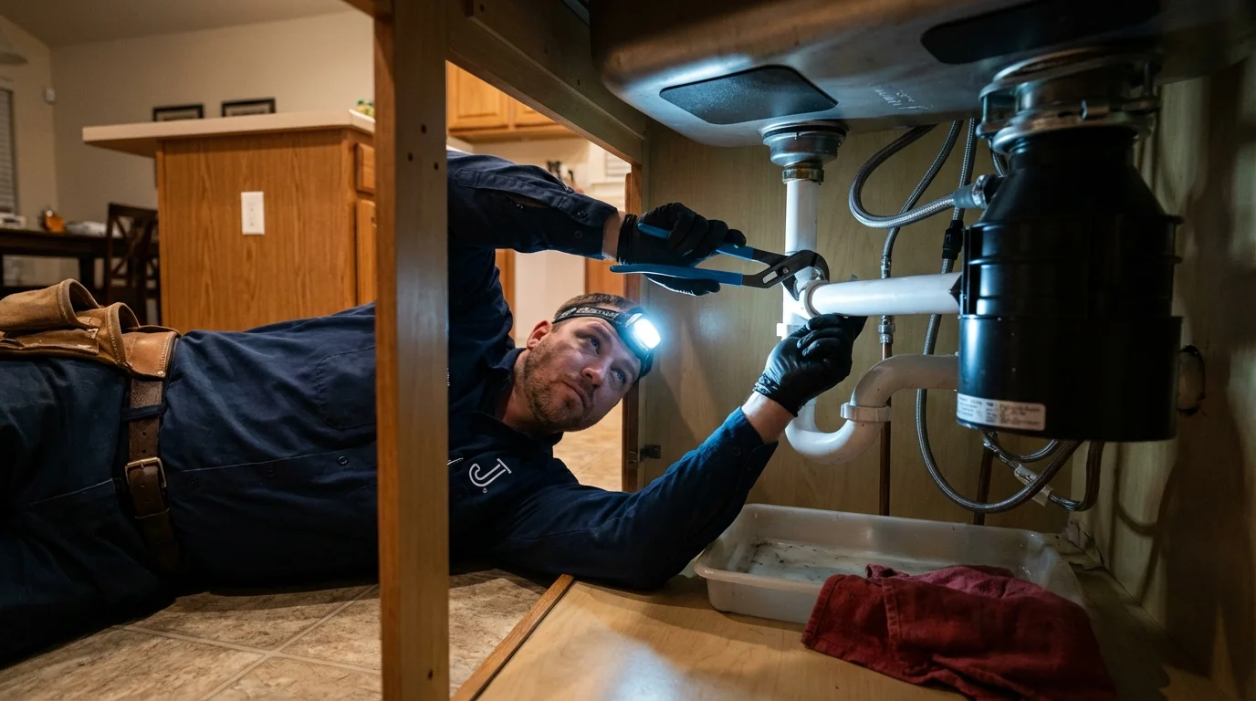 P-trap and supply line connections under a kitchen sink showing a common leak point in Ames, IA